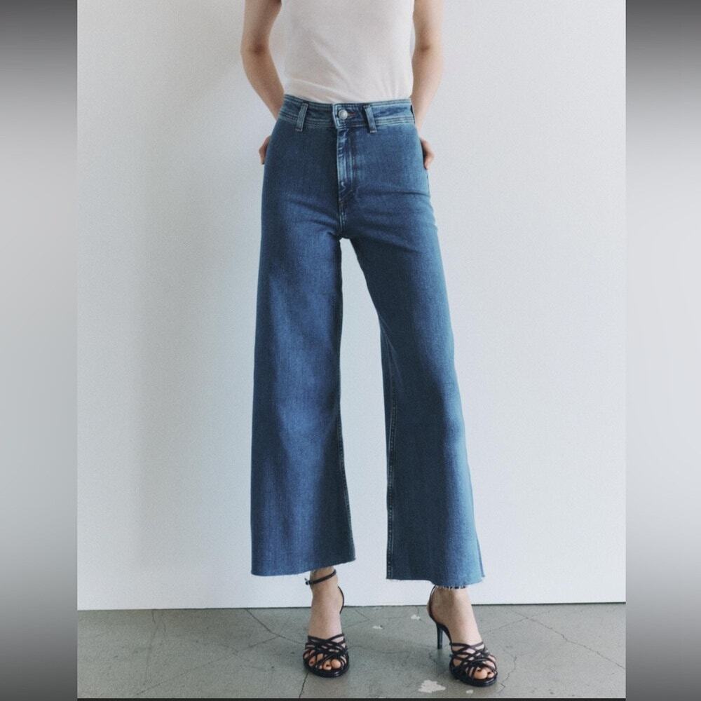 Zara Marine High Rise Frayed Hem Denim Wide Leg Jeans Blue 8
